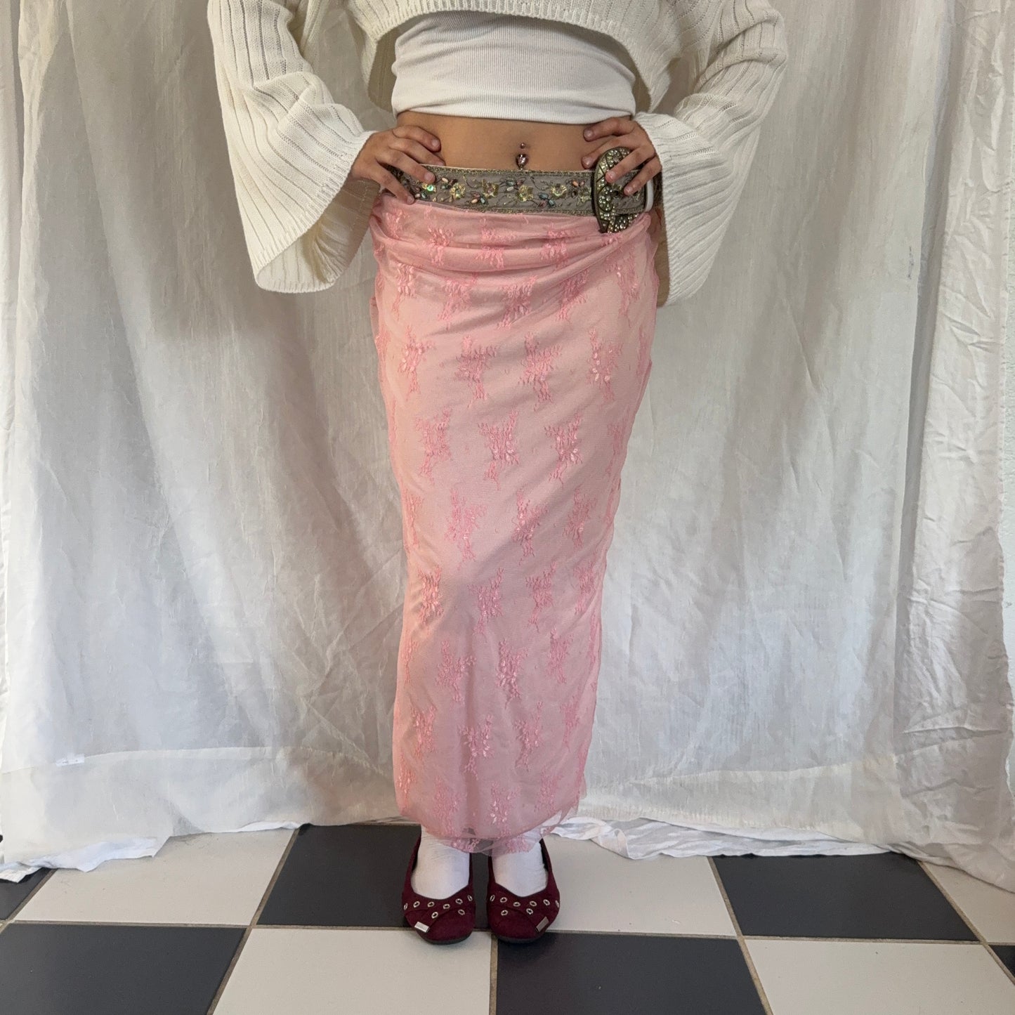 Pink lace fitted maxi