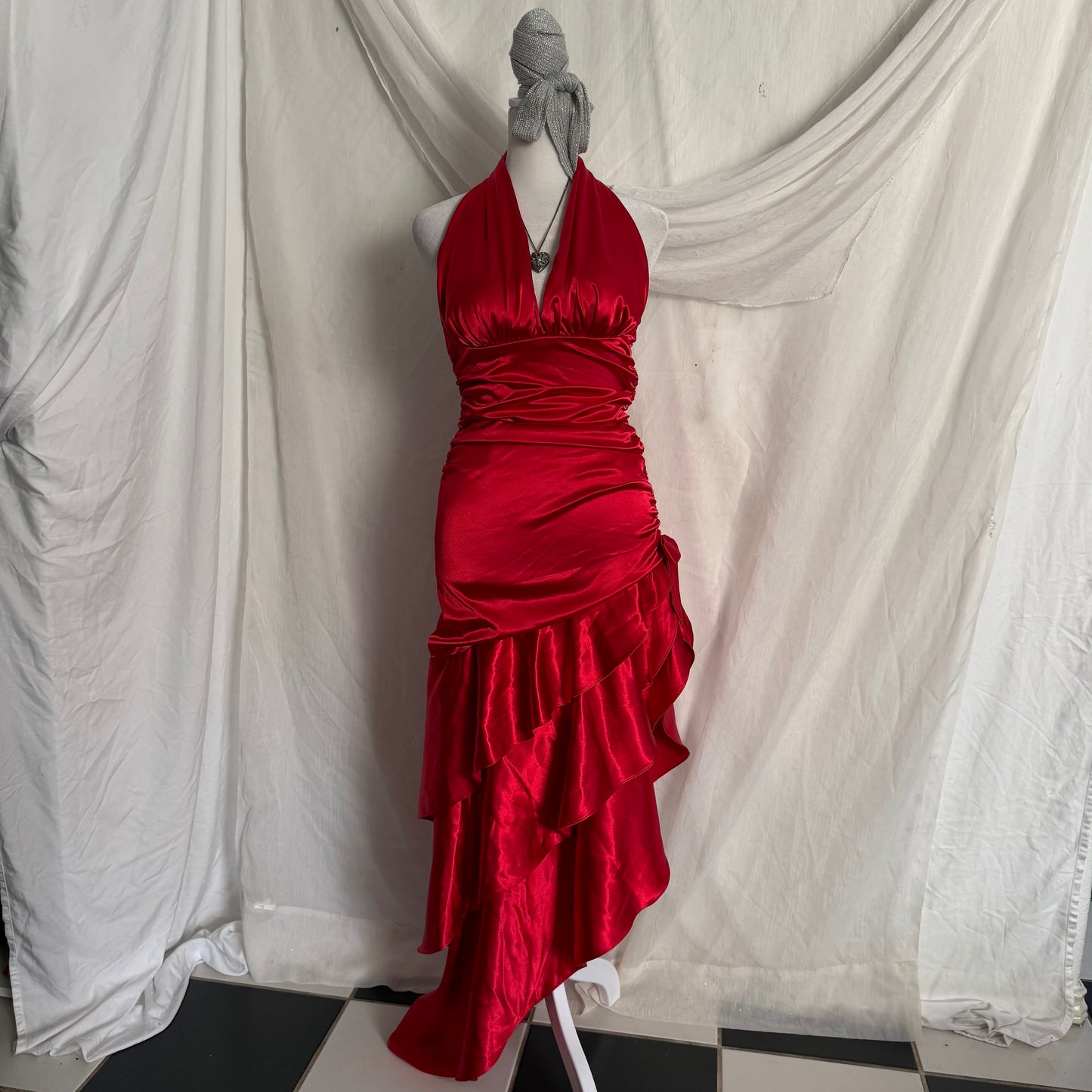 2000s red cocktail ruffle dress
