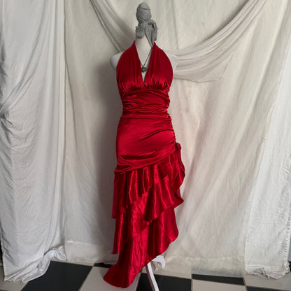 2000s red cocktail ruffle dress