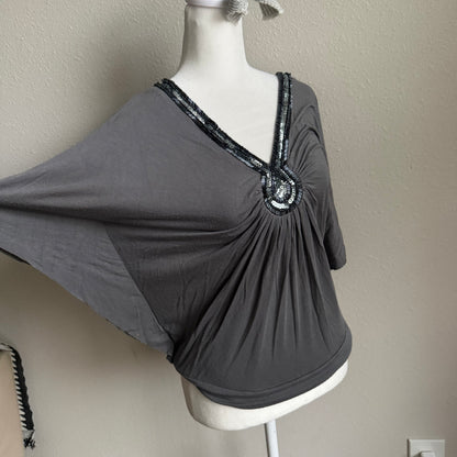 Gray beaded batwing top