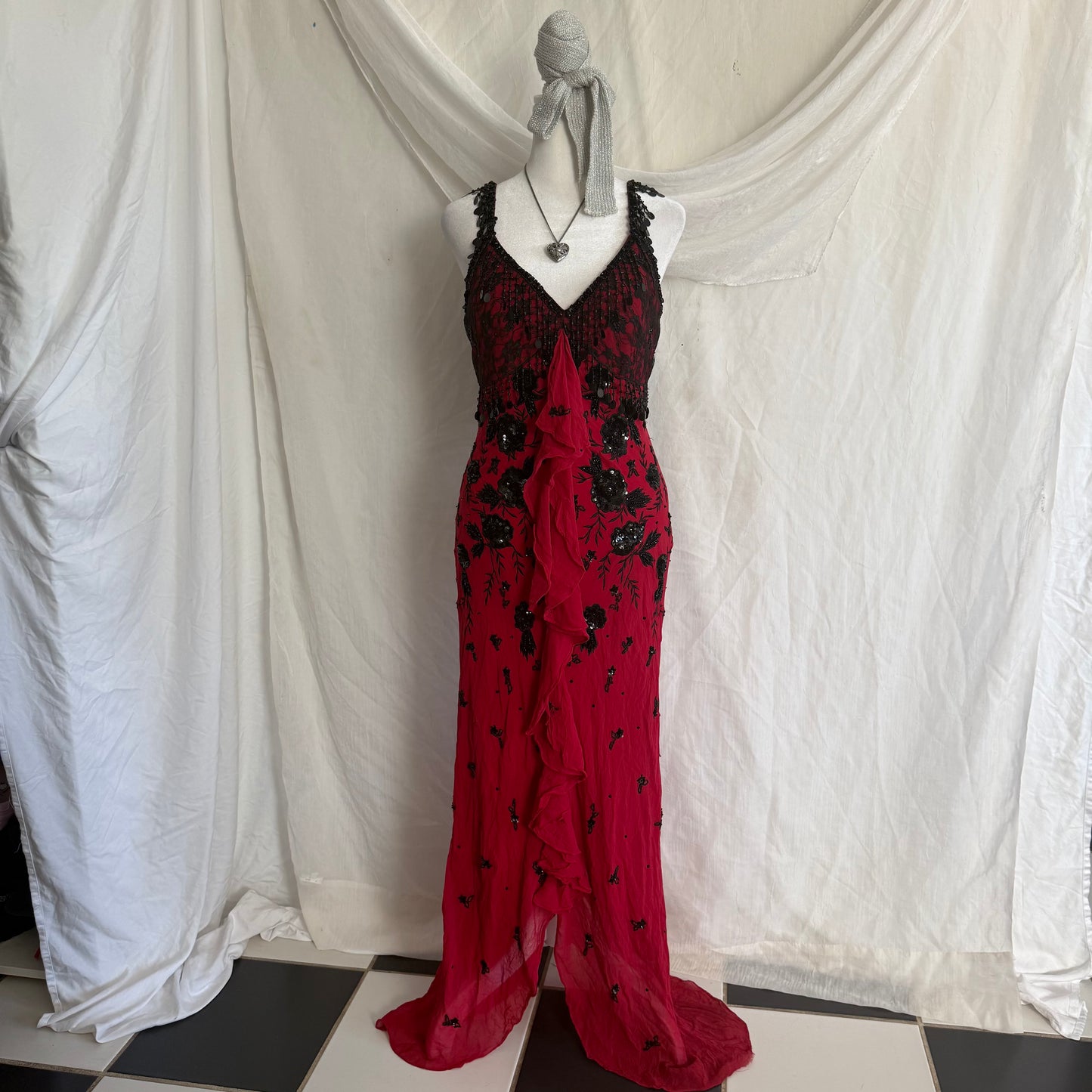 2000s Red cocktail beaded dress