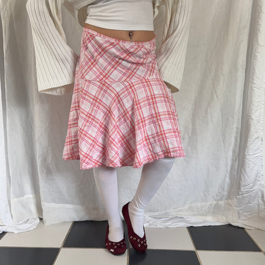 Pink plaid print midi skirt