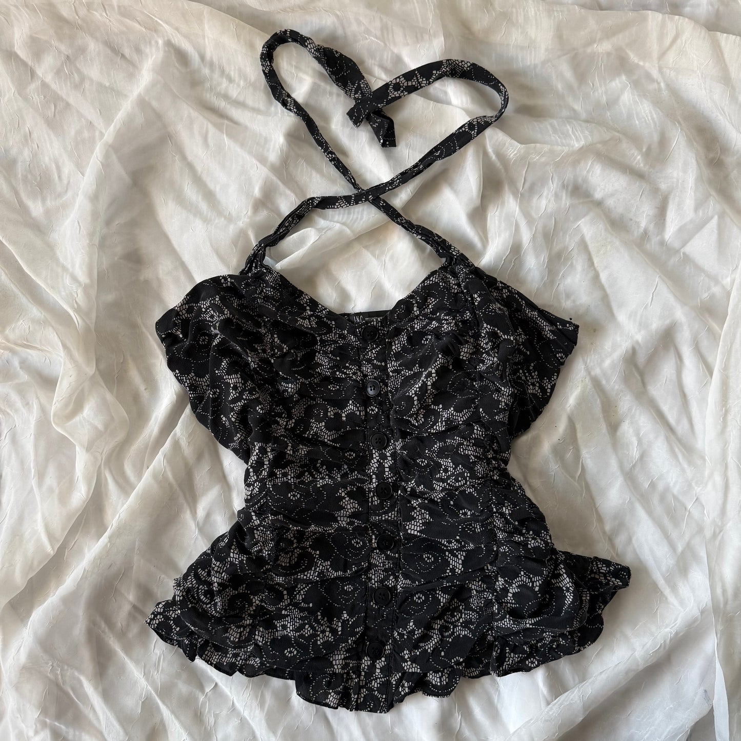 black flower cinched halter top