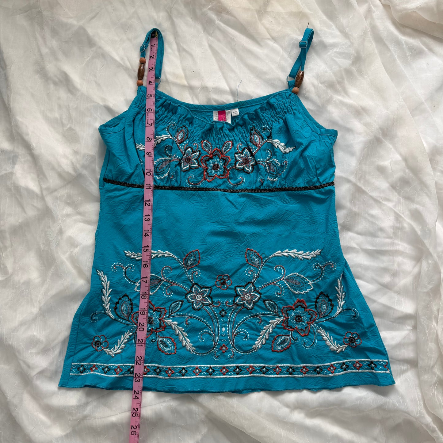 Turquoise embroidered flower cami