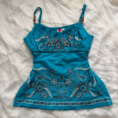 Turquoise embroidered flower cami