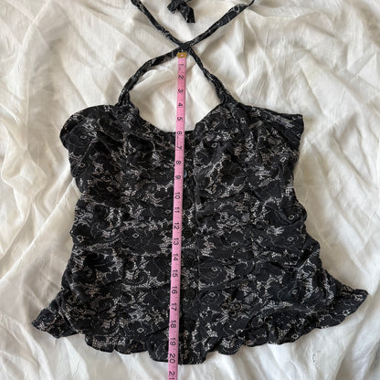 black flower cinched halter top