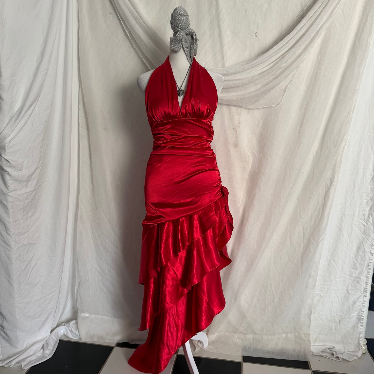2000s red cocktail ruffle dress