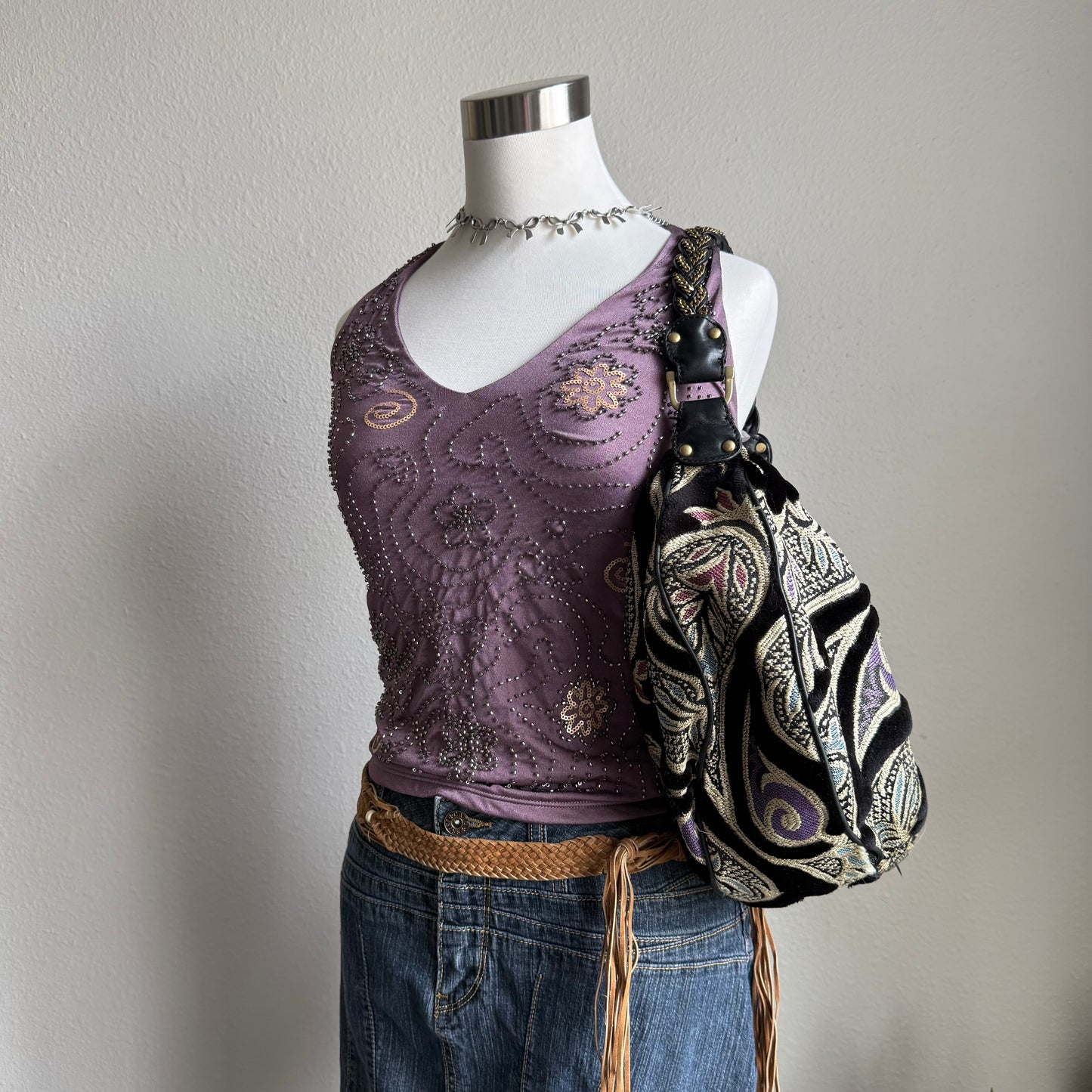 2000s soft brown crochet beaded belt