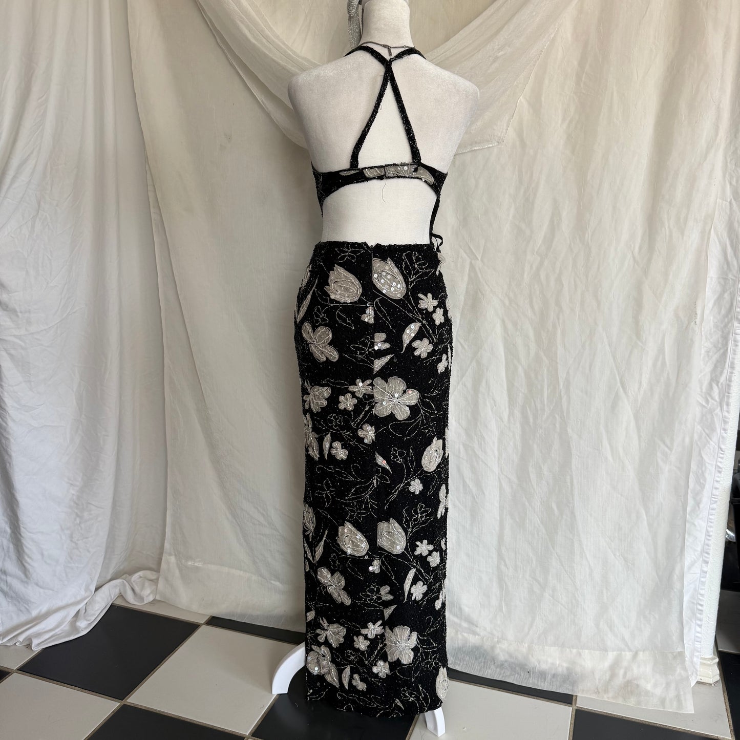 2000s Adriana Pappell fully beaded slit dress