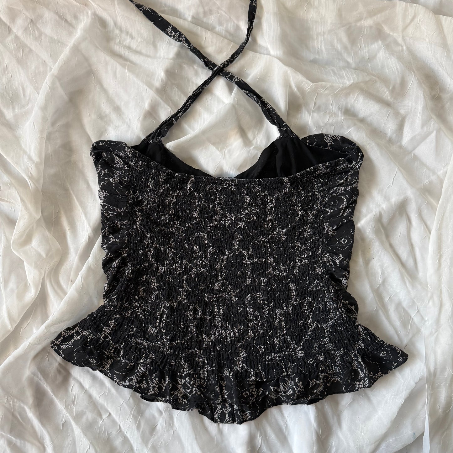 black flower cinched halter top
