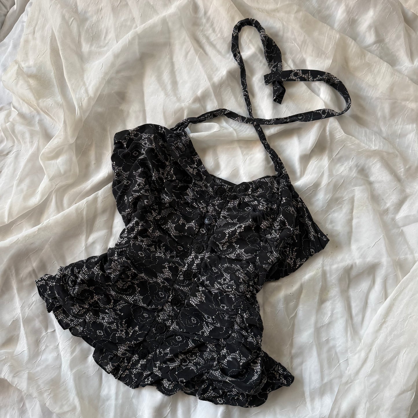 black flower cinched halter top