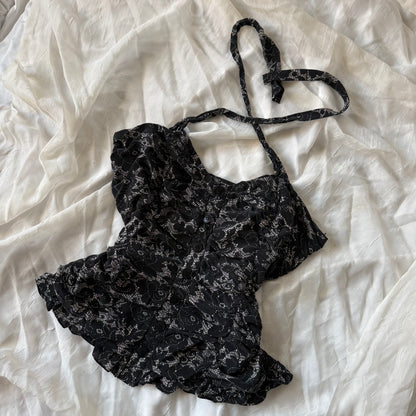 black flower cinched halter top