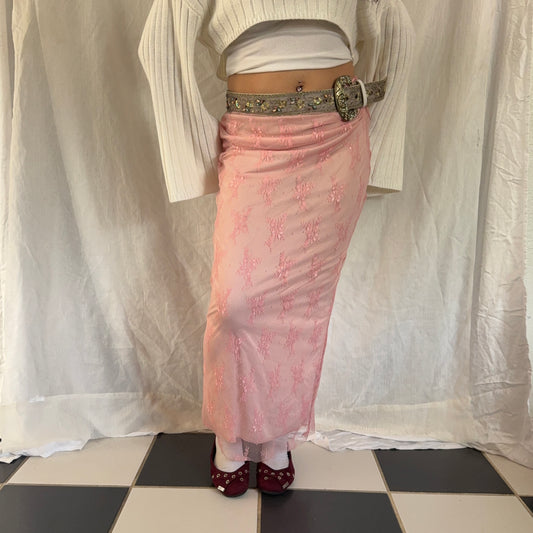 Pink lace fitted maxi