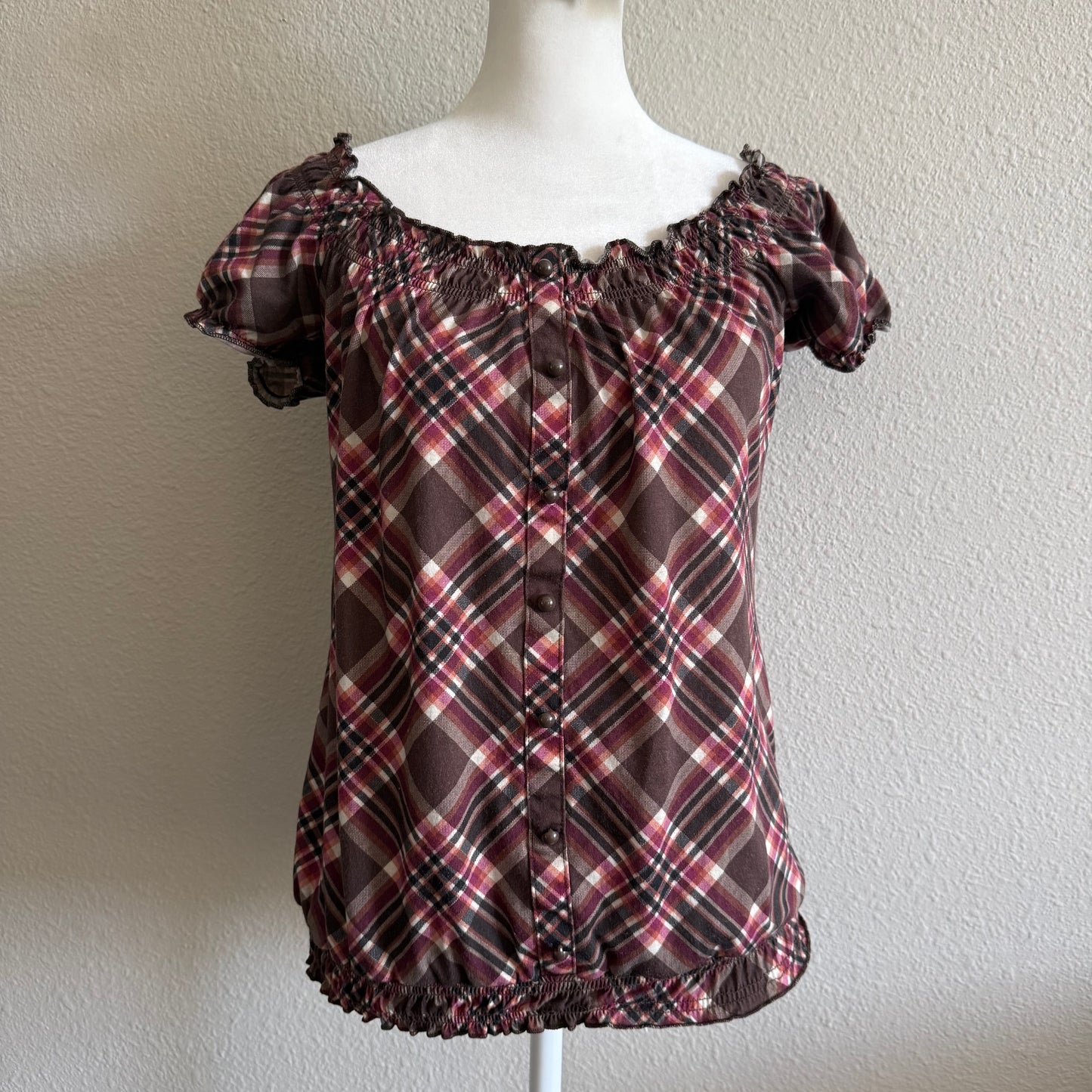 Brown plaid button top