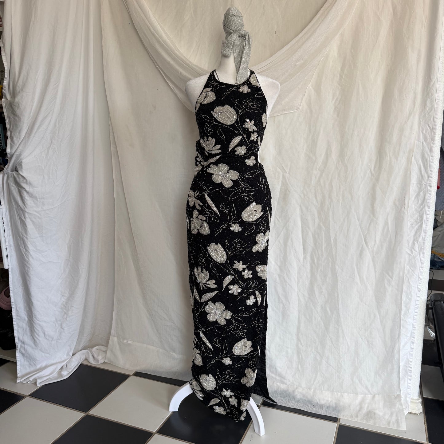 2000s Adriana Pappell fully beaded slit dress