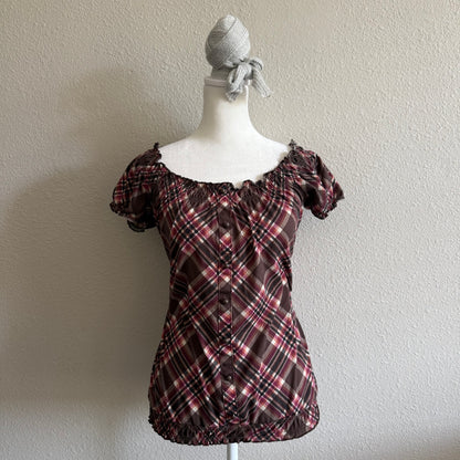 Brown plaid button top