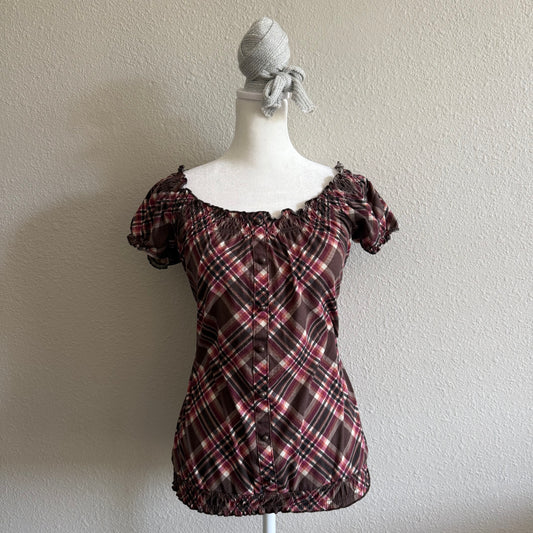 Brown plaid button top