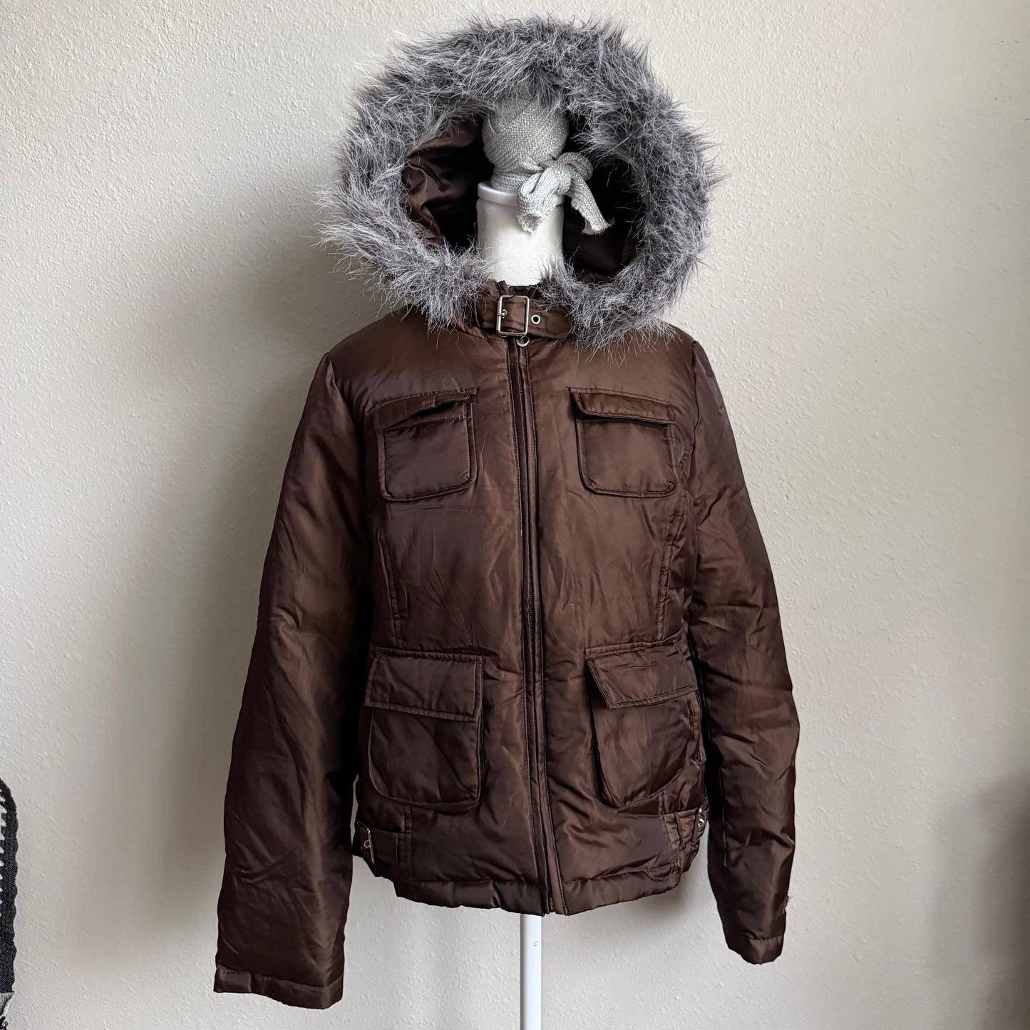 Brown cargo puffer jacket