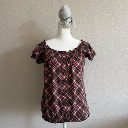 Brown plaid button top