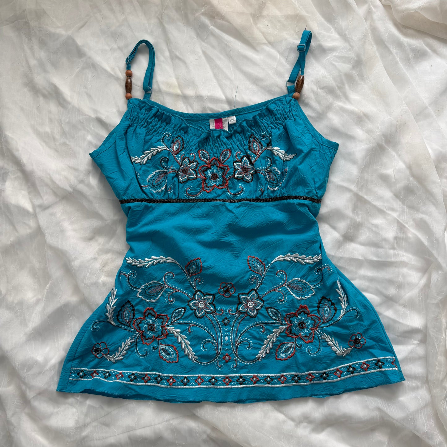 Turquoise embroidered flower cami