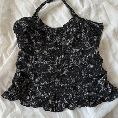 black flower cinched halter top