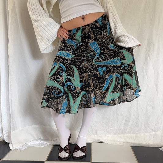 Paisley blue boho midi skirt