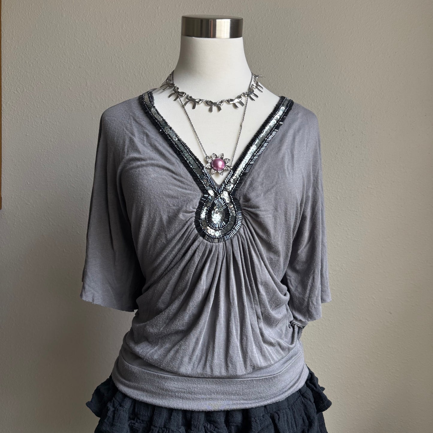 Grey sequin batwing top