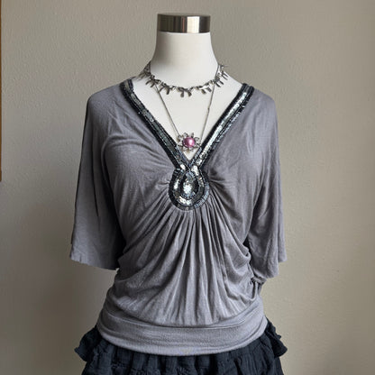 Grey sequin batwing top