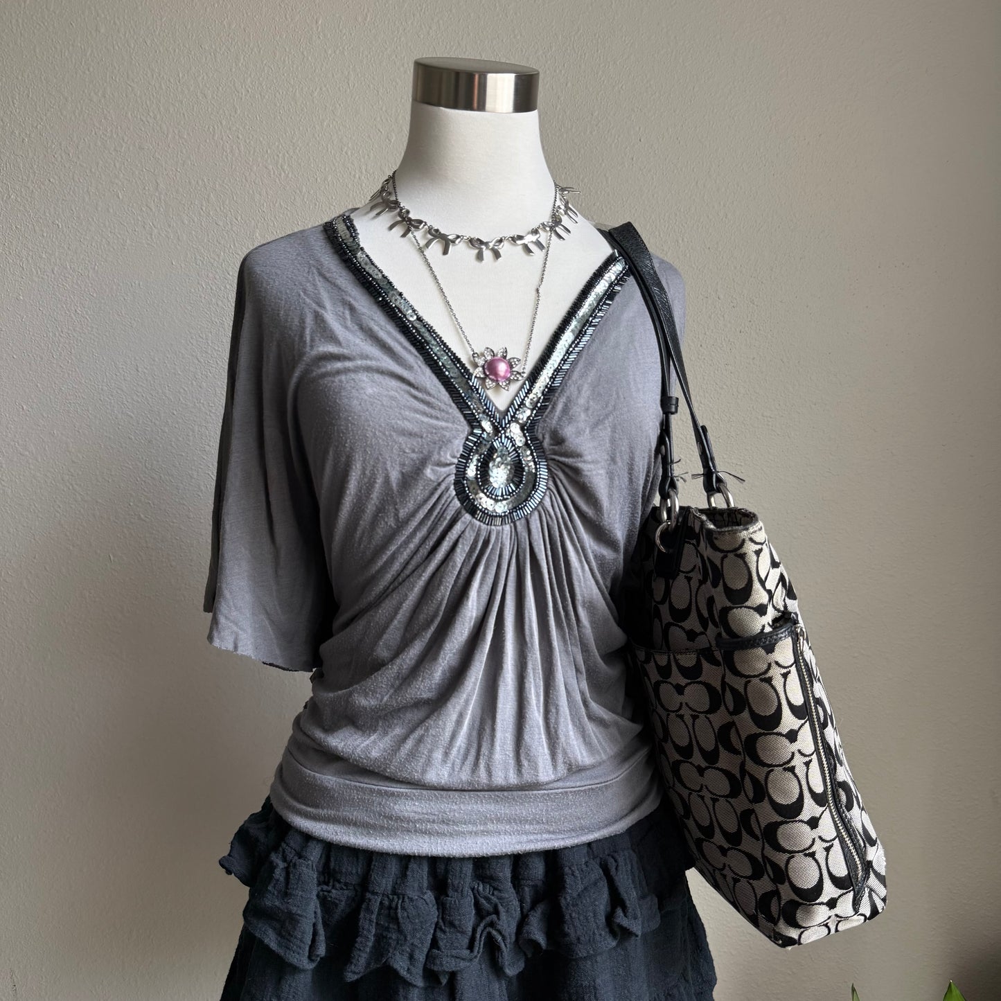 Grey sequin batwing top