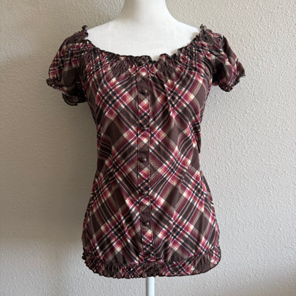 Brown plaid button top