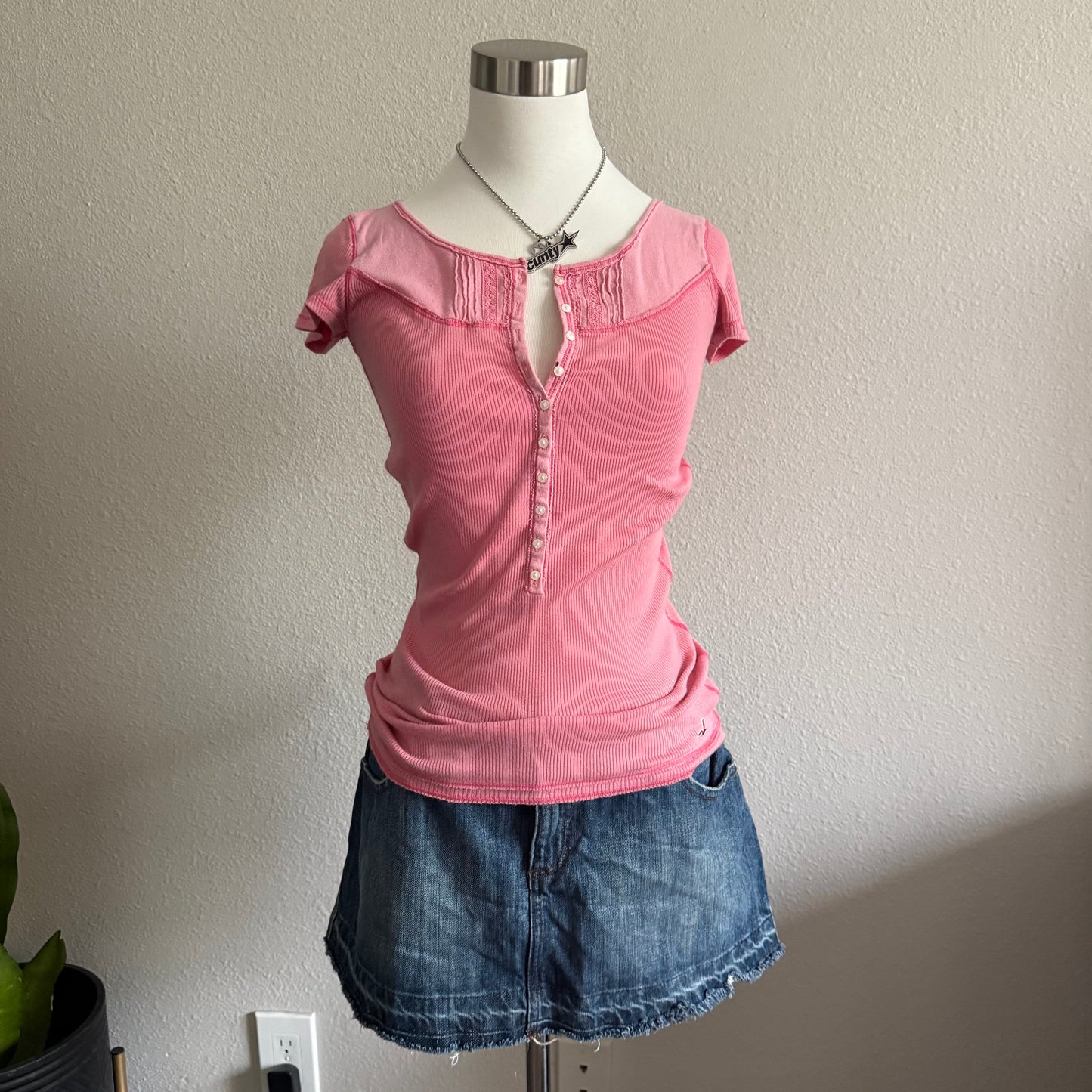 Hollister pink lace henley top