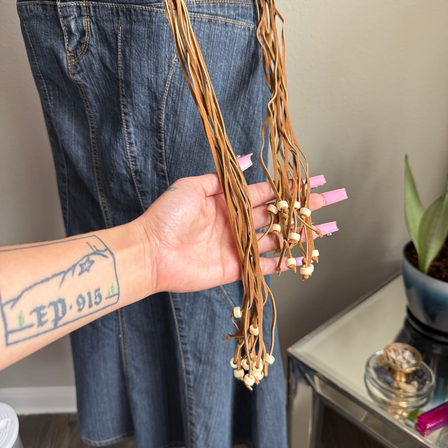 2000s soft brown crochet beaded belt