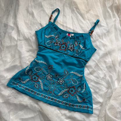 Turquoise embroidered flower cami