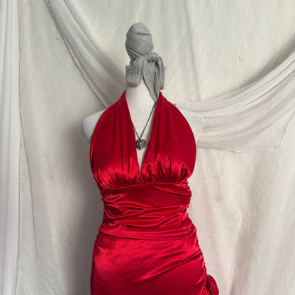 2000s red cocktail ruffle dress