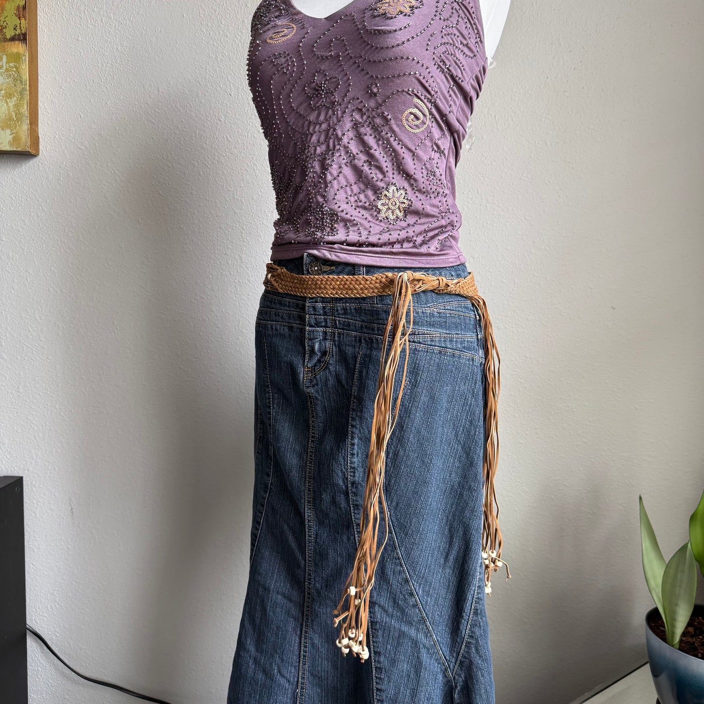 2000s soft brown crochet beaded belt