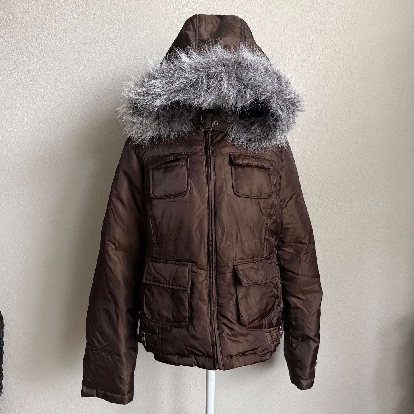 Brown cargo puffer jacket