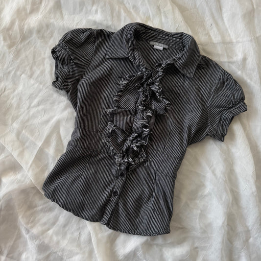 Striped button up ruffle top