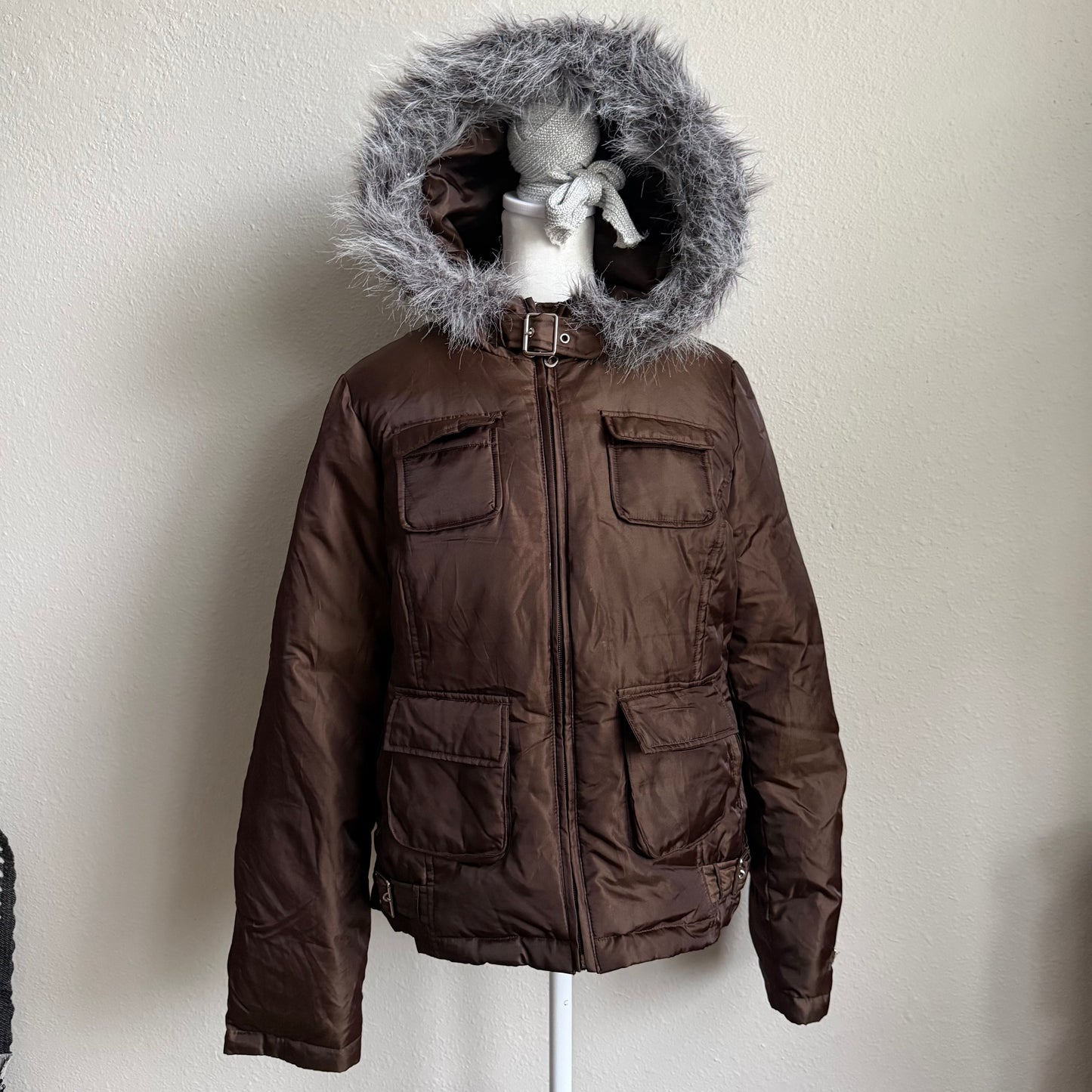 Brown cargo puffer jacket