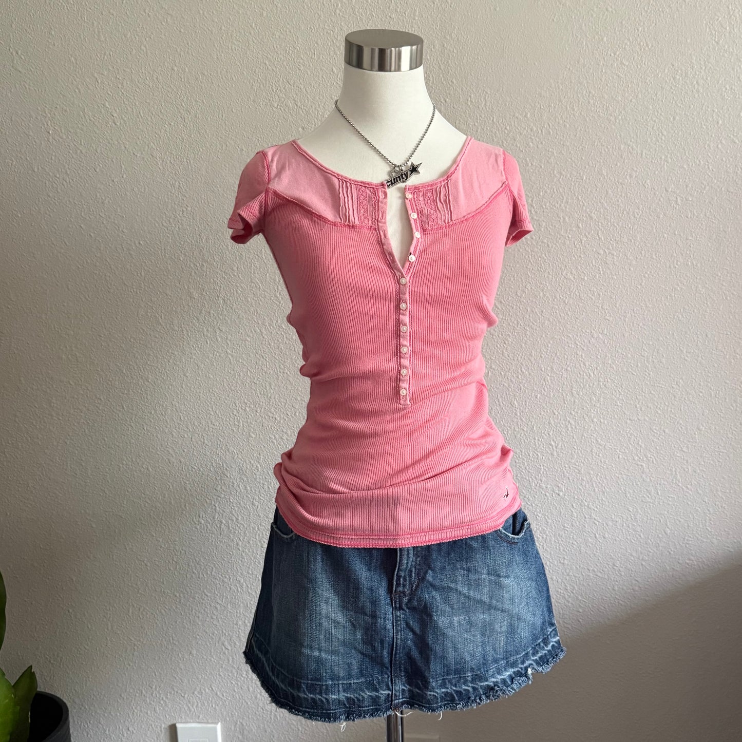Hollister pink lace henley top
