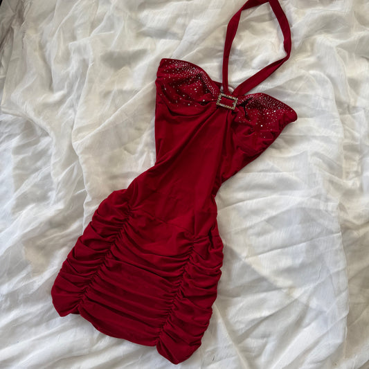 y2k rhinestone halter mini dress