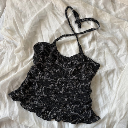 black flower cinched halter top