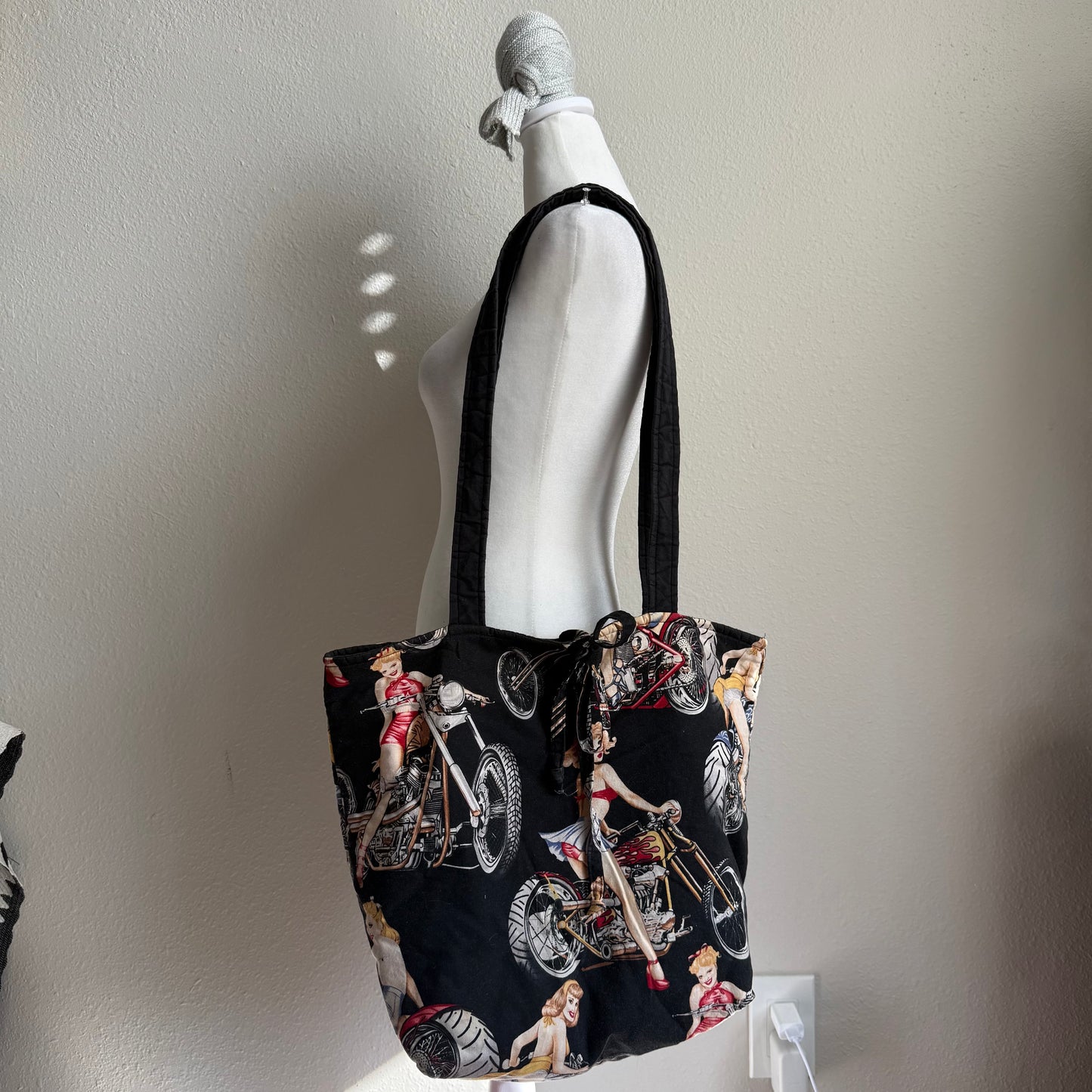 Motorcycle babe tote bag