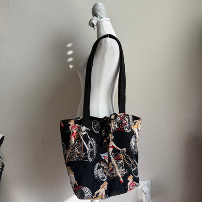Motorcycle babe tote bag
